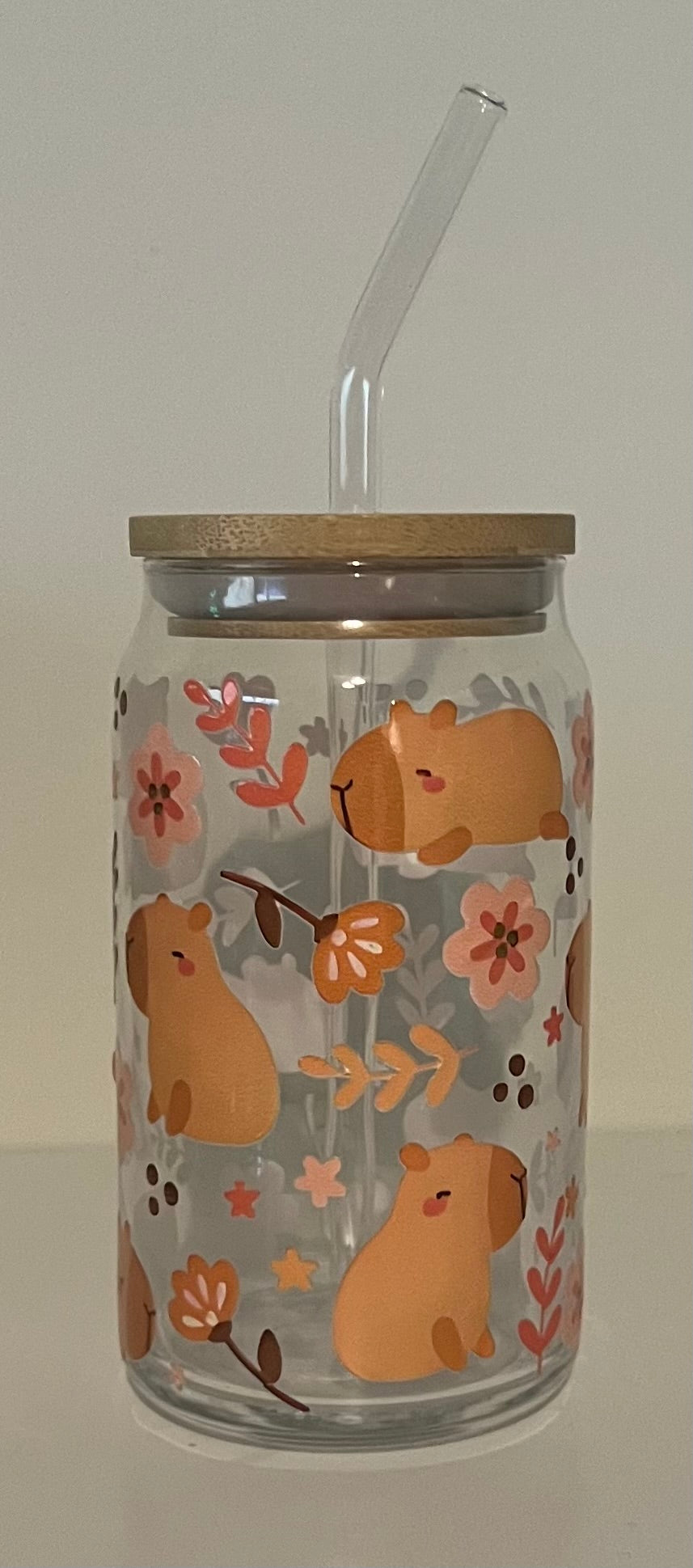 Glass cans with straw & bamboo lids