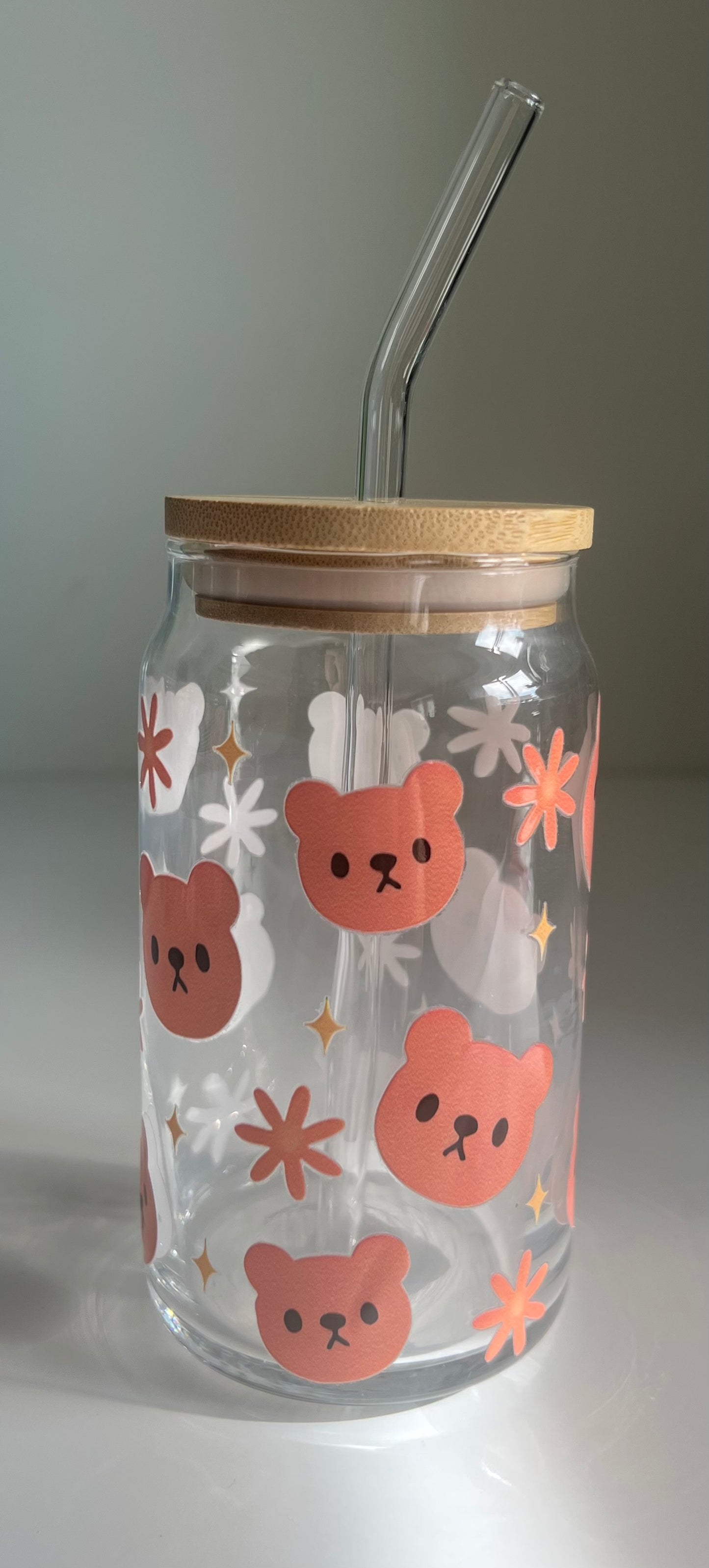 Glass cans with straw & bamboo lids
