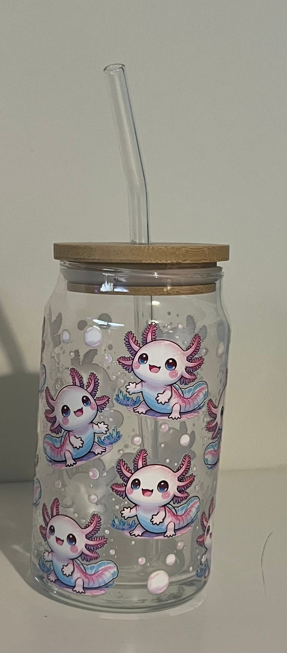 Glass cans with straw & bamboo lids