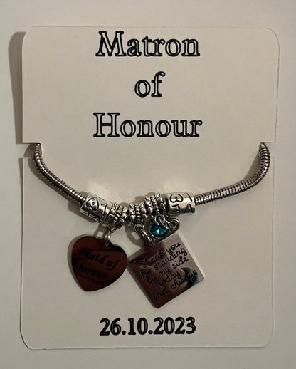 Personalised bracelet holder for bridesmaids and maid of honour. BRACELET NOT INCLUDED.