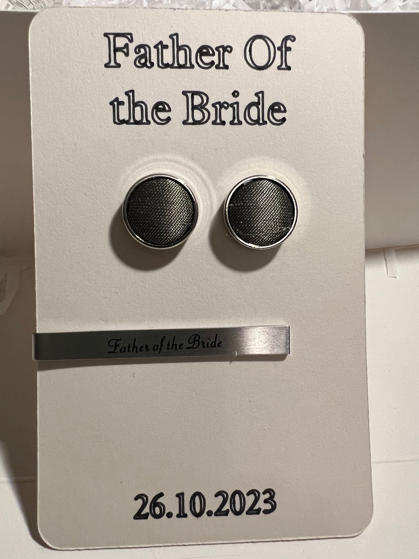 Father of the Bride, Father of the Groom, tie clip and cufflink card holder. Cufflinks and tie clips NOT INCLUDED.
